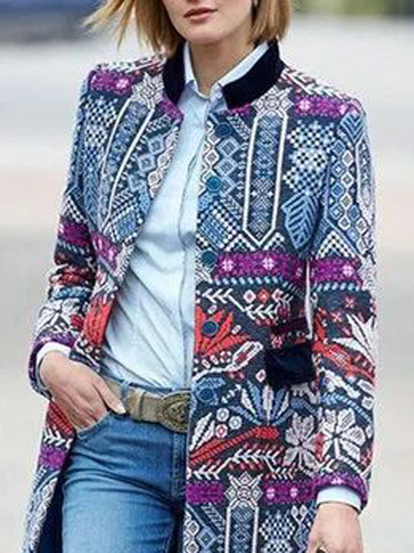 Long Sleeves Buttoned Contrast Color Printed Stand Collar Outerwear