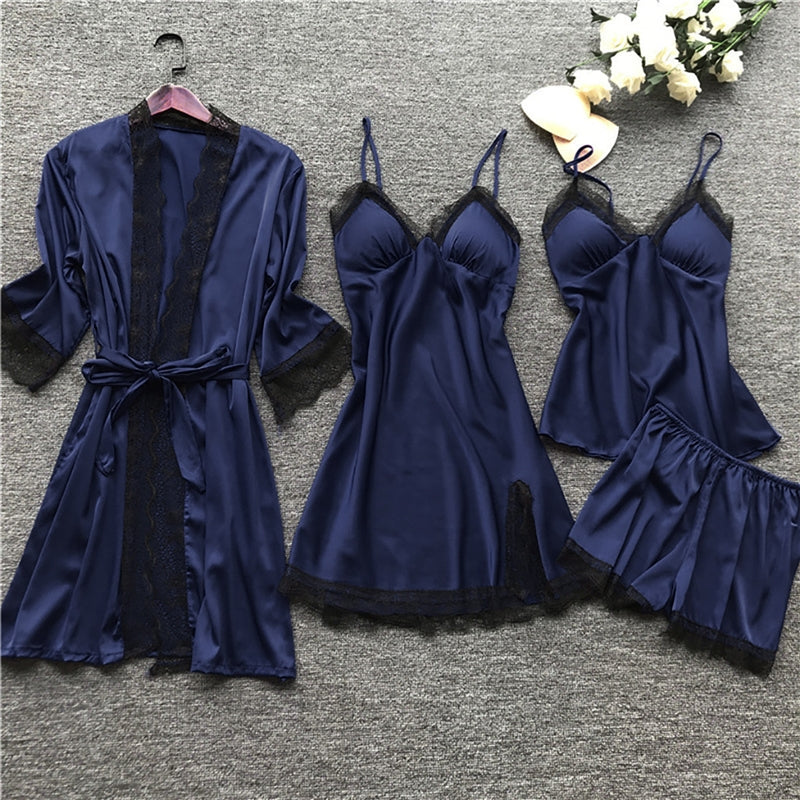 Women Sexy Solid Color Four-Piece Sling Pajamas