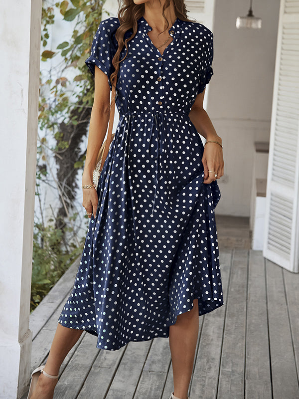 A-Line High Waisted Buttoned Drawstring Polka-Dot V-Neck Midi Dresses