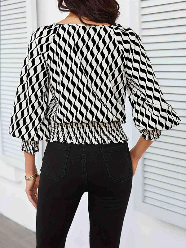 Loose Puff Sleeves Elasticity Printed Split-Joint Round-Neck Blouses&Shirts Tops