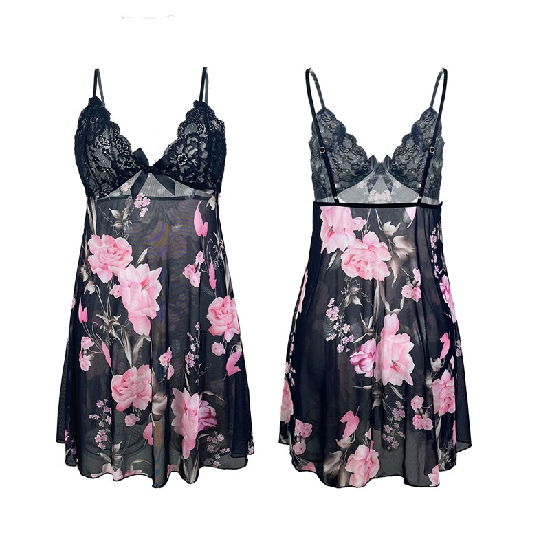 Women Fashion Sexy Lace Mesh Floral Print Sling Sleepwear