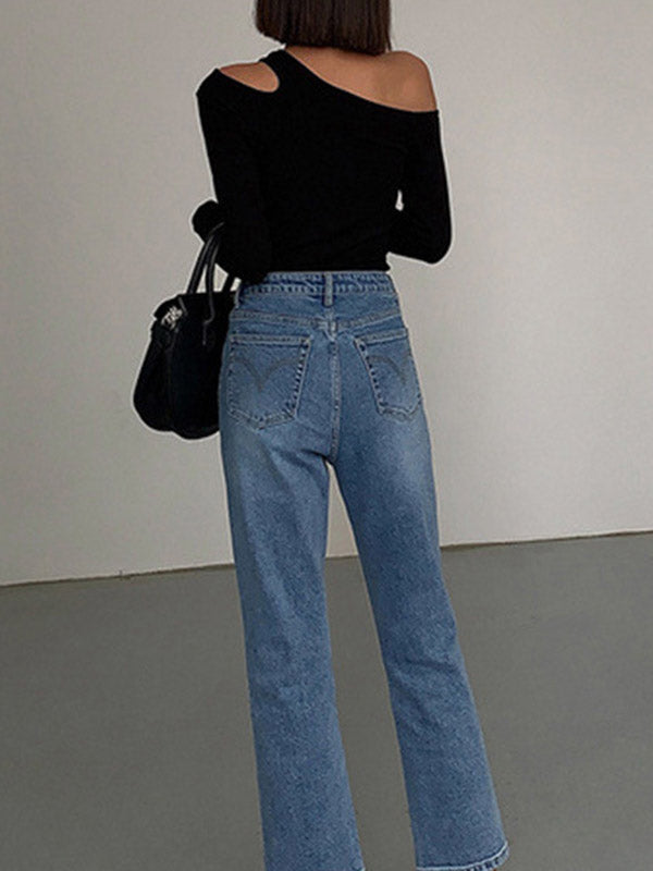 Long Sleeves Skinny Asymmetric Hollow Solid Color Split-Joint One-shoulder T-shirts