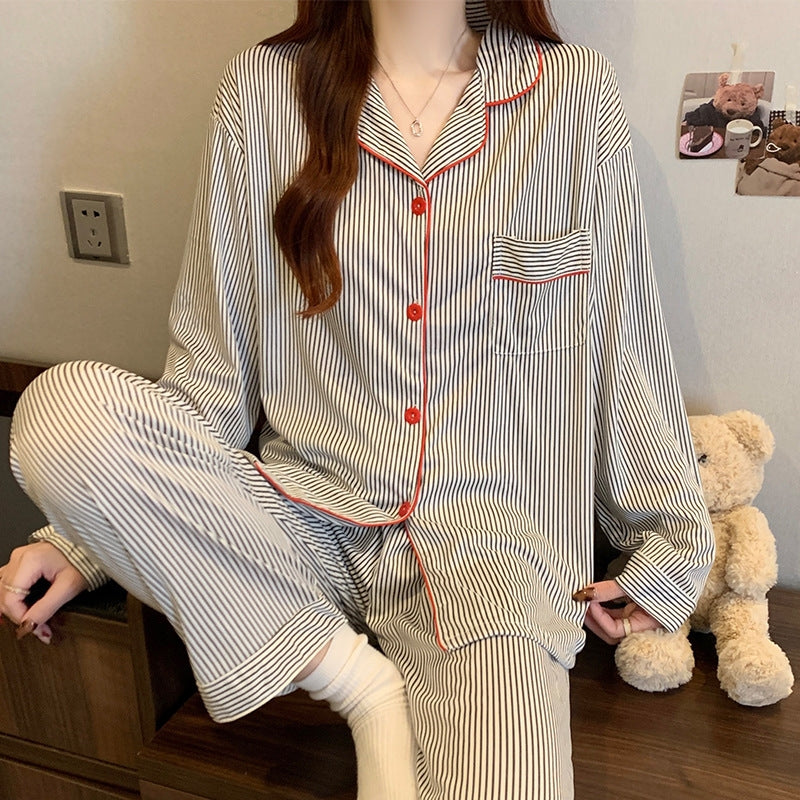 Women Fashion Casual Autumn Printed Lapel Long-Sleeve Blouse Loose Pants Pajamas Two-Piece Set