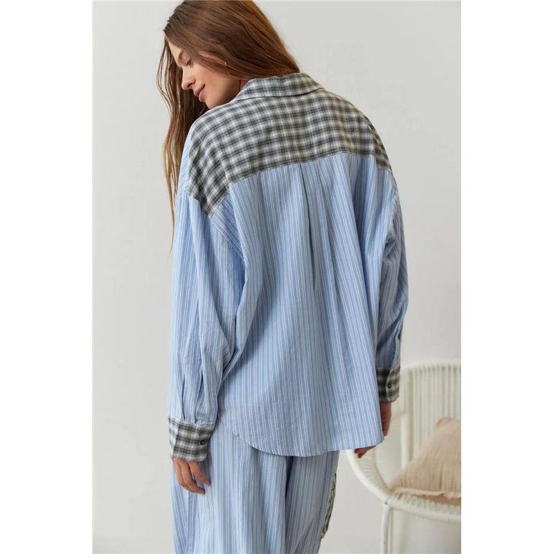 Women Fashion Casual Plaid Lapel Long Sleeve Top Loose Drawstring Pants Pajamas Set