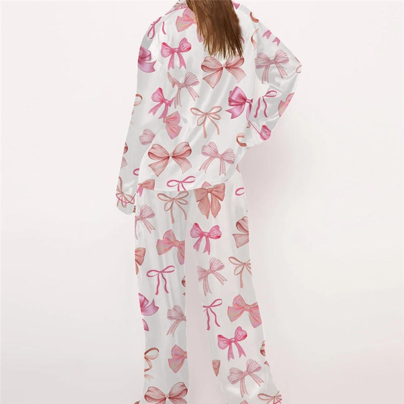 Women Fashion Cute Bowknot Printed Lapel Long Sleeve Top Loose Pants Pajamas Set