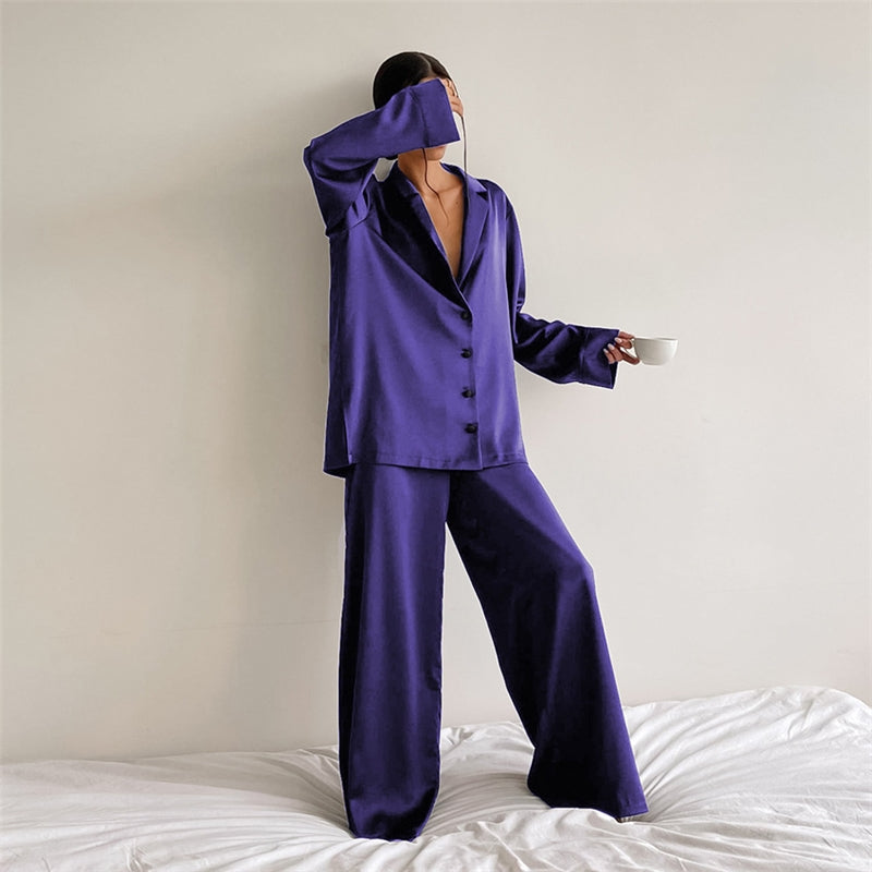 Women Fashion Casual Solid Color Ice Silk Lapel Long-Sleeve Loose Pants Pajamas Two-Piece Set