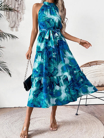 Loose Sleeveless Hollow Pleated Printed Split-Joint Tied Waist Round-Neck Midi Dresses