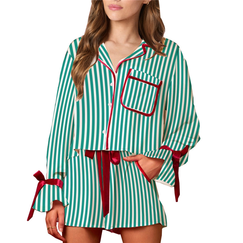 Women Fashion Casual Printed Loose Lapel Long-Sleeve Lace-Up Shorts Pajamas Two-Piece Set