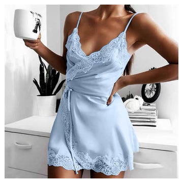 Women Fashion Sexy Solid Color Satin Lace Splicing Lace-Up Dress Pajamas