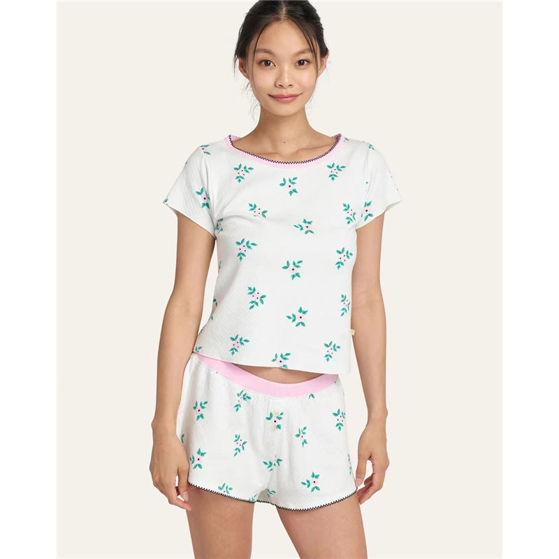 Women Fashion Casual Printed T-Shirt Loose Shorts Pajamas Two-Piece Set