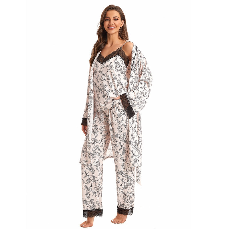 Women Fashion Casual Printed Camisole Loose Pants Long-Sleeve Coat Pajamas Three-Piece Set