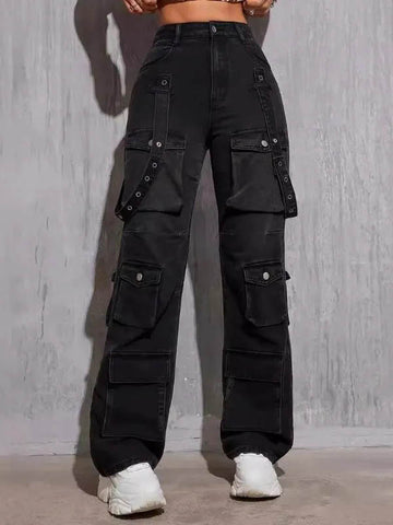 High Waisted Buttoned Pockets Solid Color Jean Pants Bottoms Trousers