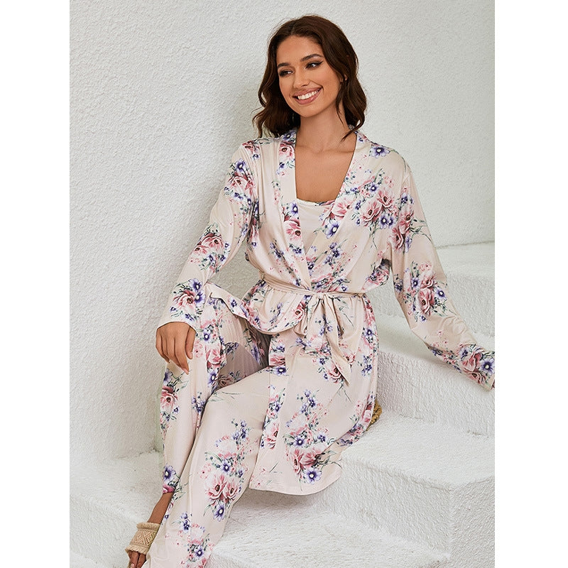 Women Fashion Casual Printed Camisole Loose Pants Long-Sleeve Coat Pajamas Three-Piece Set
