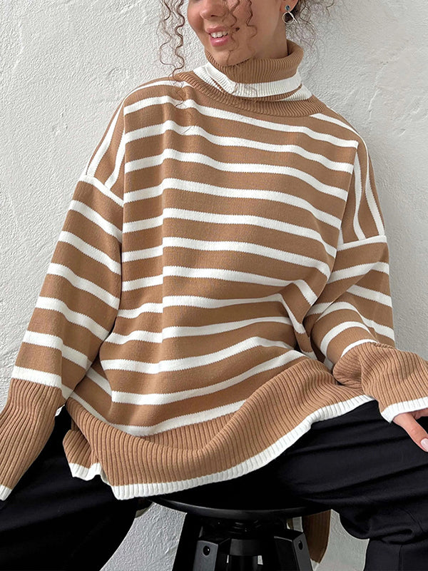 High-Low Long Sleeves Split-Joint Split-Side Striped High Neck Sweater Tops