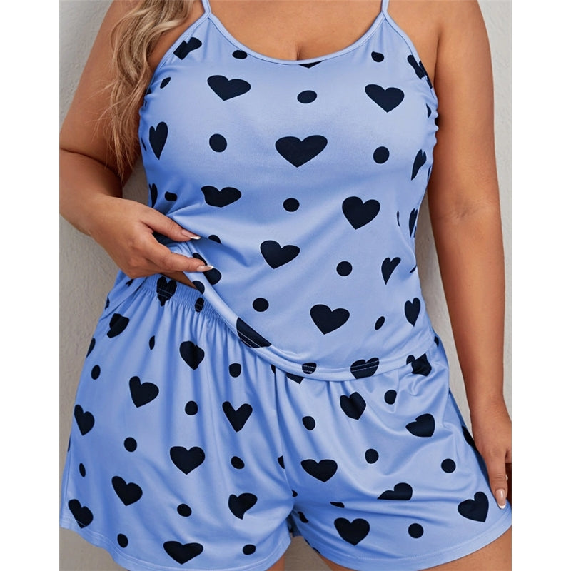 Women Plus Size Fashion Heart Print Pajamas Two-Piece Set