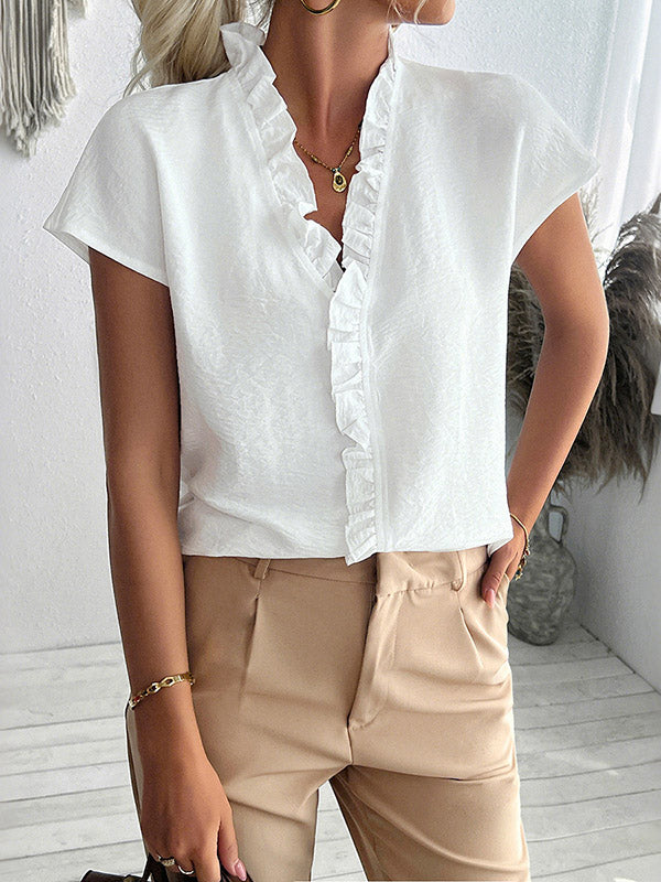 Loose Short Sleeves Ruffle Trim Solid Color V-Neck Blouses&Shirts Tops