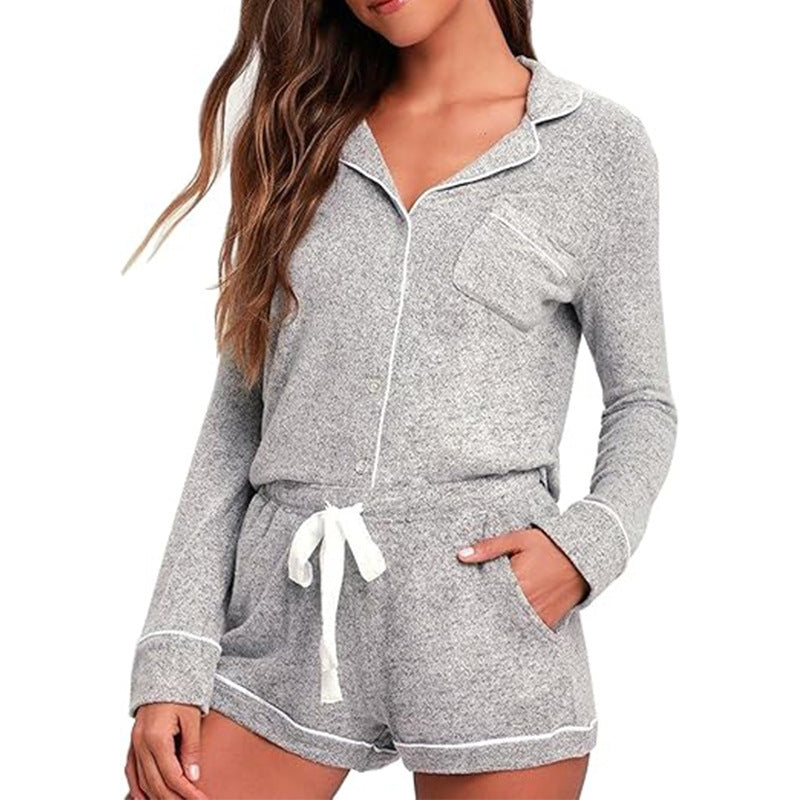 Women Fashion Casual Lapel Long Sleeve Pocket Top Drawstring Shorts Pajamas Two-Piece Set