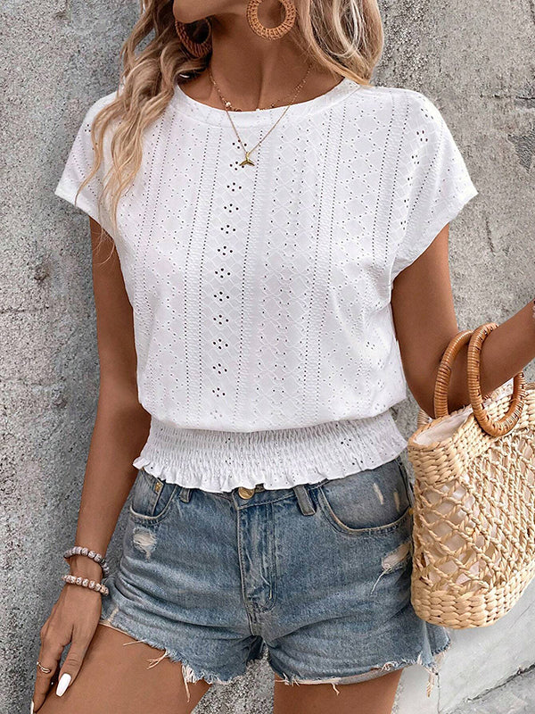 Loose Raglan Sleeve Elasticity Hollow Jacquard Solid Color Round-Neck T-Shirts Tops