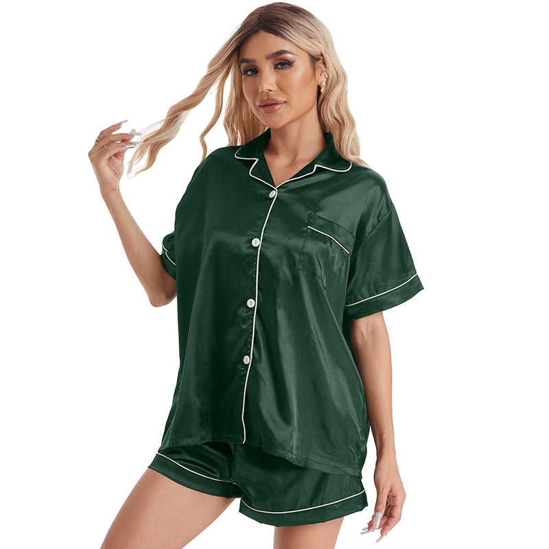 Women Home Simple Silk Imitation Casual Lapel Short Sleeve Pajamas Set