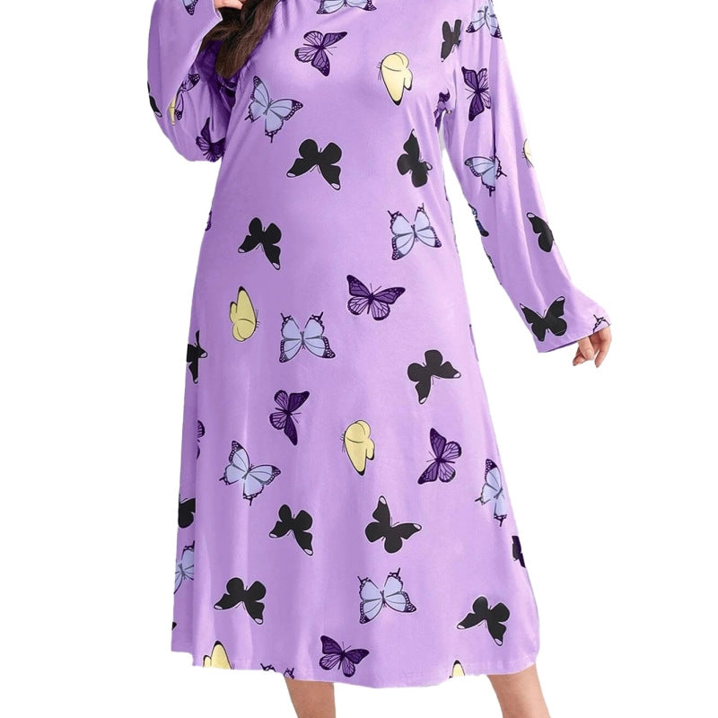 Women Fashion Casual Butterfly Printing Long Sleeve Plus Size Nightgown