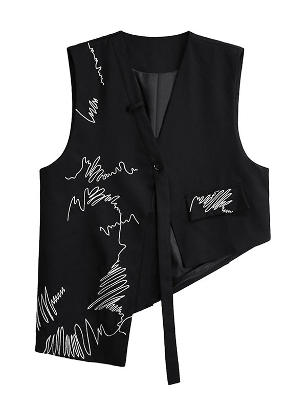 Sleeveless Asymmetric Buttoned Embroidered V-Neck Vest Top