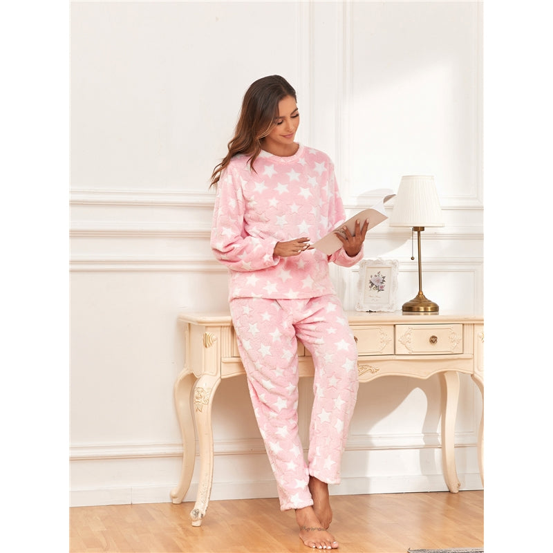 Women Fashion Star Print Round Neck Long Sleeve Home Pajamas Set