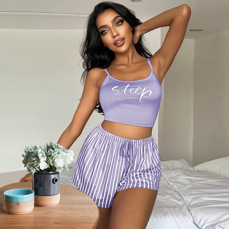 Women Fashion Sexy Letter Printed Camisole Loose Stripe Drawstring Shorts Pajamas Two-Piece Set