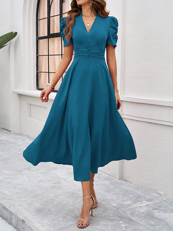 A-Line High Waisted Pleated Solid Color Zipper V-Neck Maxi Dresses