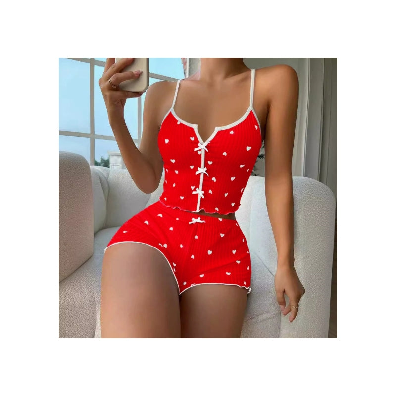 Women Fashion Sexy Printed Bowknot Camisole Slim-Fit Shorts Pajamas Two-Piece Set