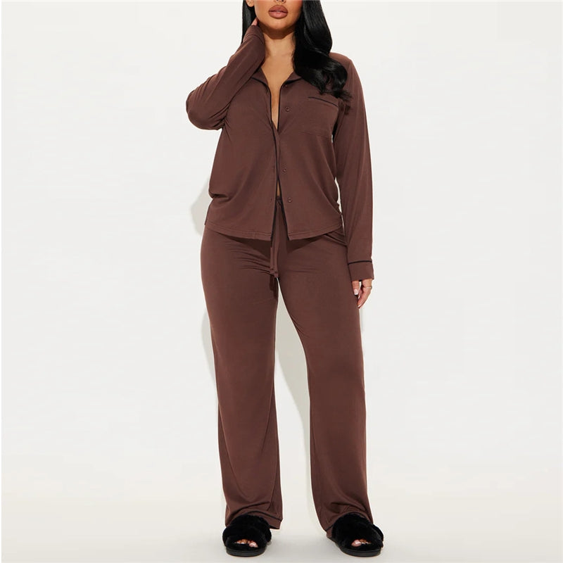Women Fashion Casual Autumn And Winter Solid Color Lapel Long-Sleeve Top Loose Pants Pajamas Two-Piece Set