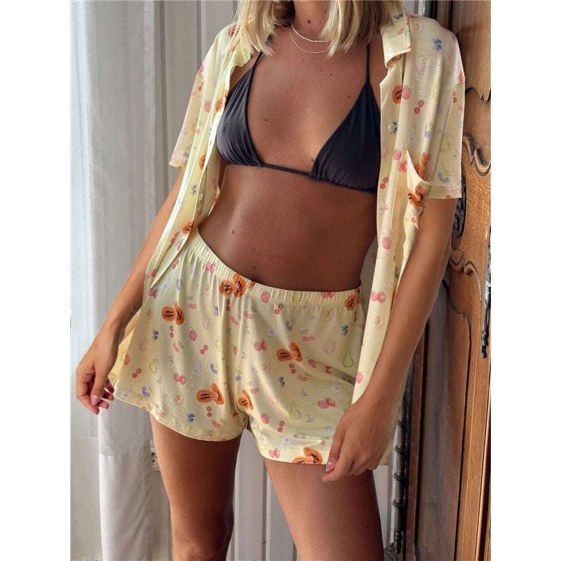 Women Fashion Casual Floral Printed Short-Sleeve Blouse Loose Shorts Pajamas Two-Piece Set