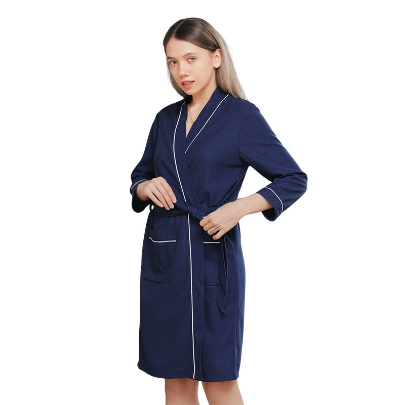 Fashion Casual Contrast Color Waffe Bathrobe Lace-Up Nightgown
