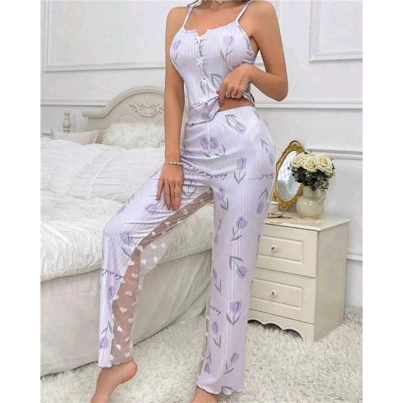 Women Casual Printed Camisole Top Mesh Pants Pajamas Two-Piece Set