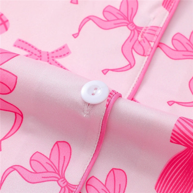 Women Pink Bow Print Lapel Short Sleeve Shorts Pajamas