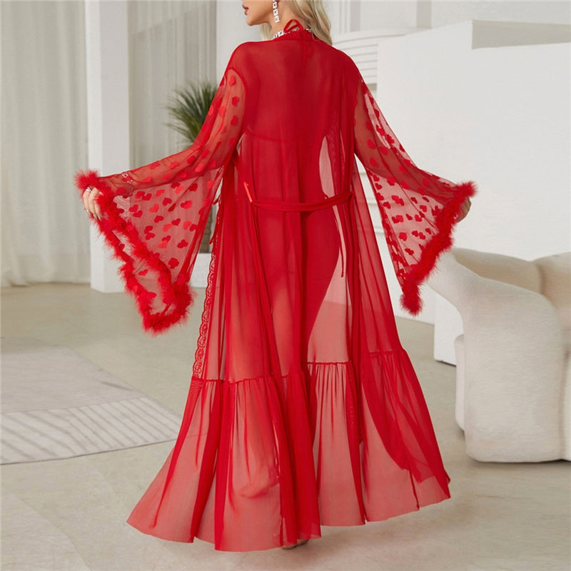 Women Fashion Sexy Heart Shaped Mesh Feather Long Sleeve Home Pajamas