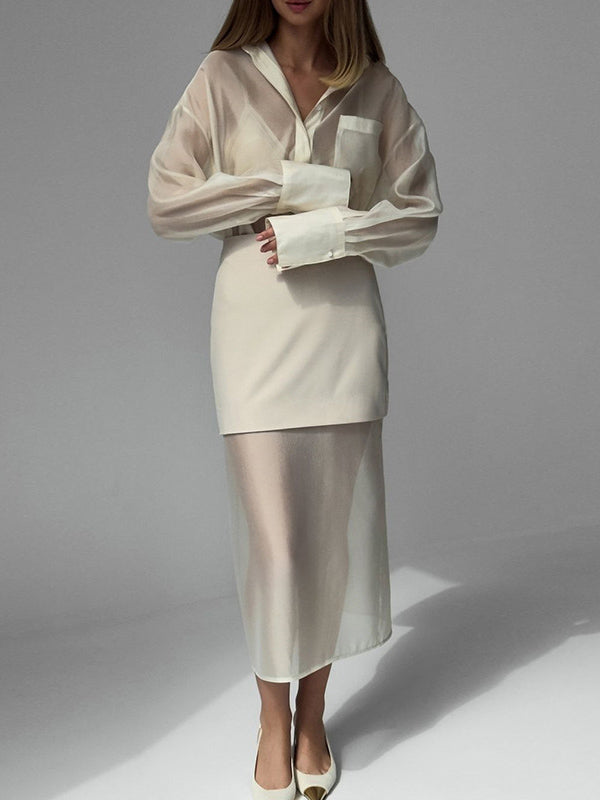Loose Solid Color See-Through Long Sleeves Lapel Blouse + Skirt Two Pieces Set