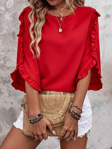 Loose Three-Quarter Sleeves Ruffle Trim Solid Color Round-Neck T-Shirts Tops