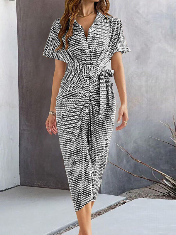 Bodycon Half Sleeves Buttoned Contrast Color Tied Waist Lapel Midi Dresses