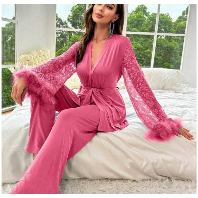 Women Fashion Elegant Stitching Lace V-Neck Long-Sleeve Lace-Up Top Loose Pants Pajamas Set