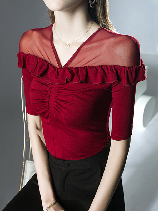 Half Sleeves Skinny Pleated Ruffle Trim Solid Color Split-Joint V-Neck T-Shirts Tops