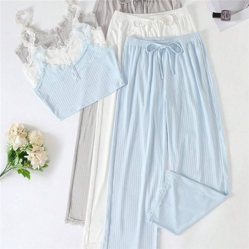 Women Fashion Solid Color Lace-Trimmed Crop Top Loose Pants Pajamas Two-Piece Set