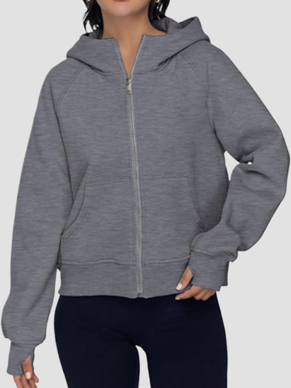 Hooded Long Sleeves Pockets Solid Color Zipper Jackets Outerwear