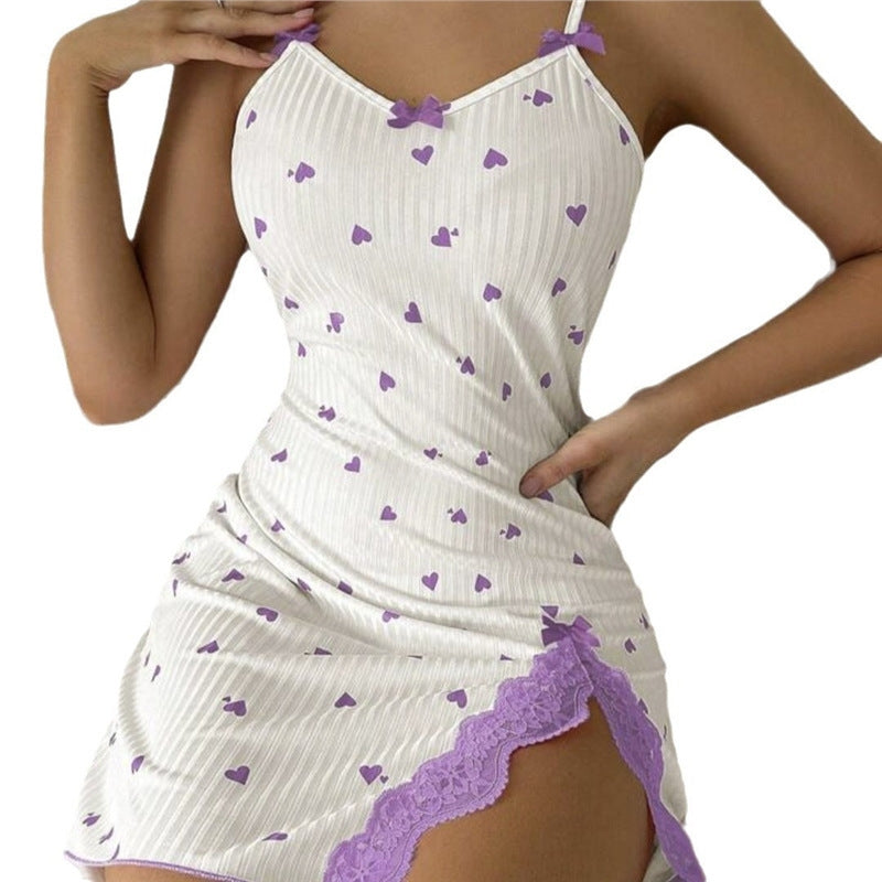 Women Fashion Sexy Lace Heart Print Spaghetti Strap Split Pajamas