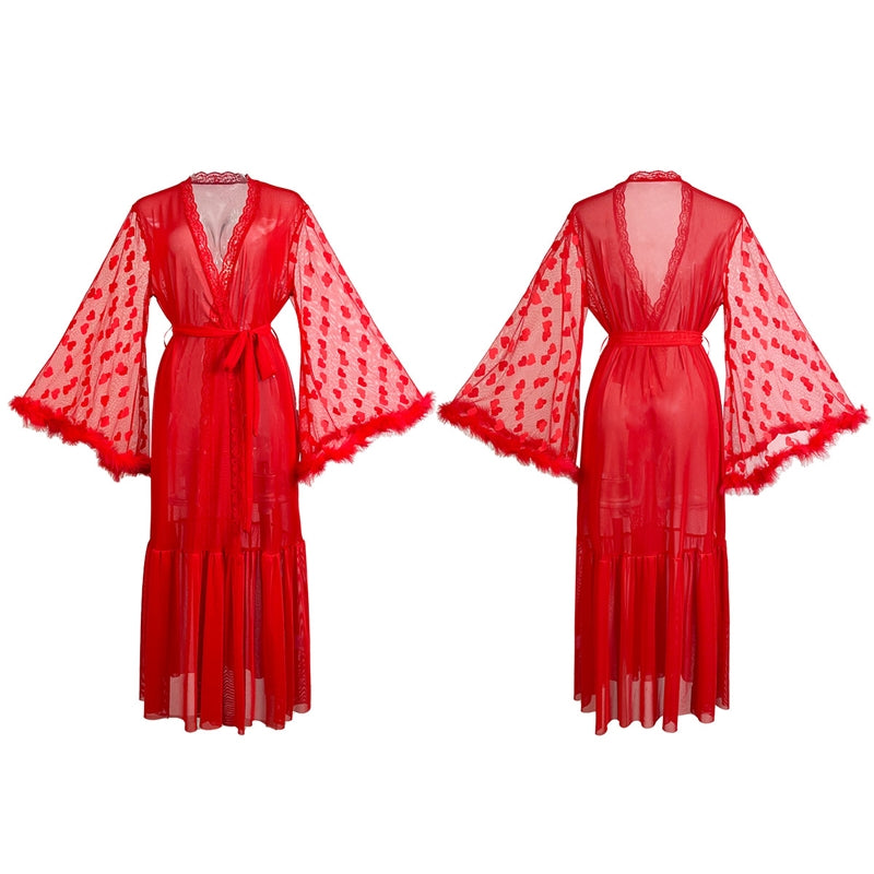 Women Fashion Sexy Heart Shaped Mesh Feather Long Sleeve Home Pajamas