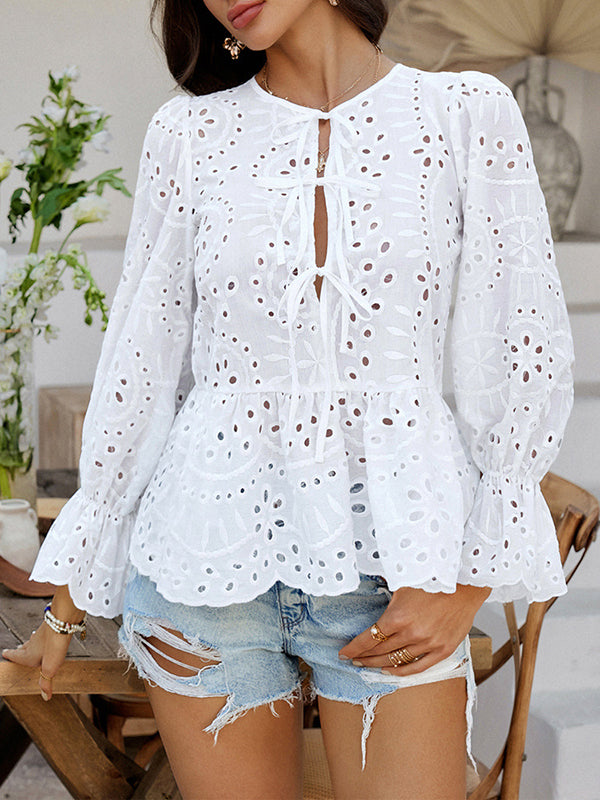 Long Sleeves Loose Elasticity Hollow Pleated Solid Color Tied Round-Neck Blouses&Shirts Tops