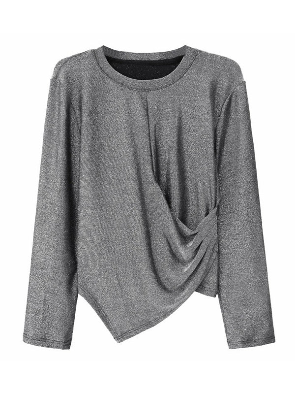 Hipster Long Sleeves Asymmetric Solid Color Round-Neck T-Shirts Tops