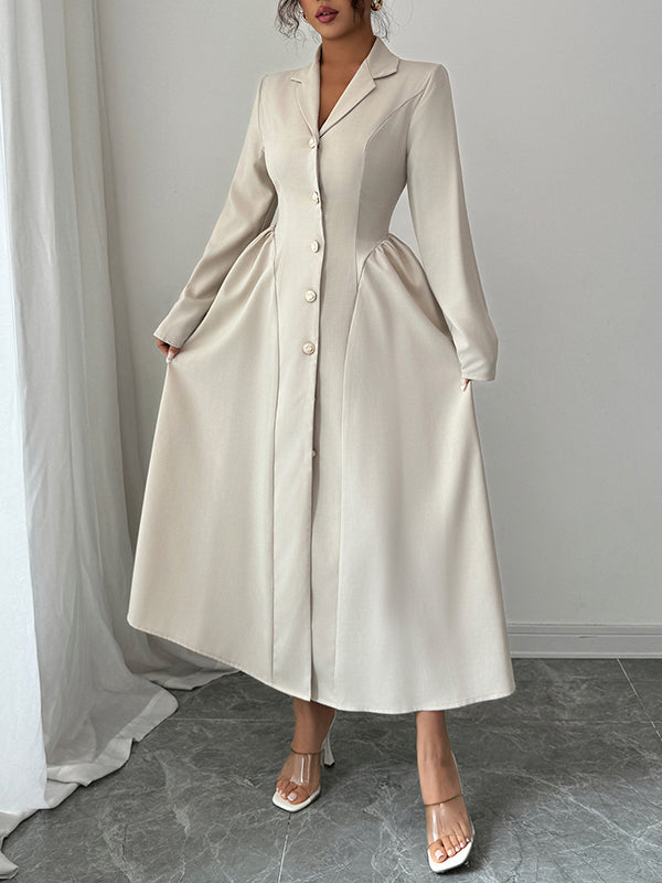 A-Line High Waisted Buttoned Pleated Solid Color Split-Joint Notched Collar Maxi Dresses Shirt Dress