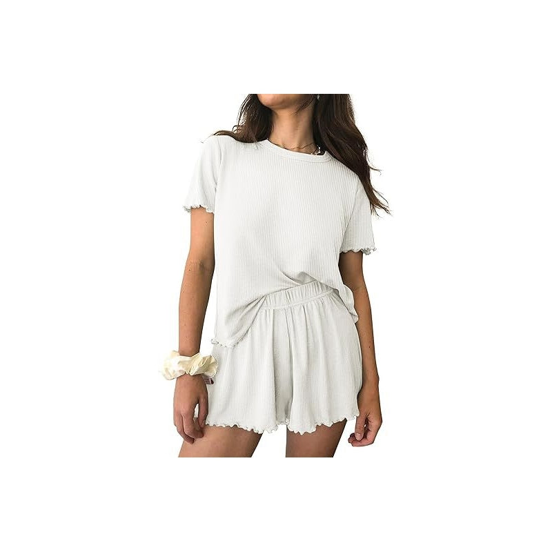 Women Casual Solid Color Rib Knitted Wave Edge Short Sleeve Top Loose Shorts Pajamas Two-Piece Set