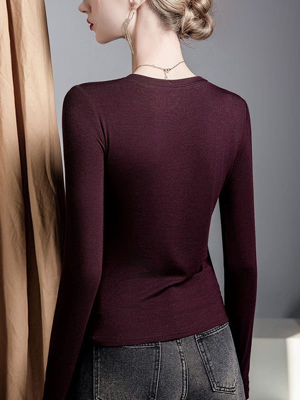 Irregularity Long Sleeves Comfort Mesh Slightly Sheer Solid Color Split-Joint Round-Neck T-Shirts Tops