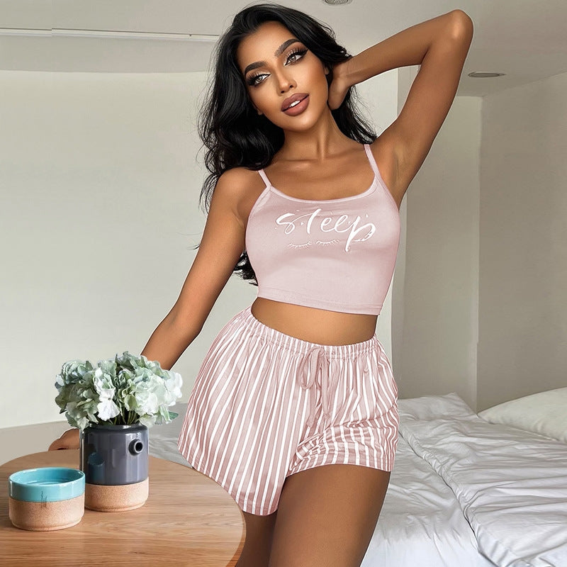 Women Fashion Sexy Letter Printed Camisole Loose Stripe Drawstring Shorts Pajamas Two-Piece Set